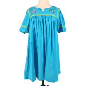 Simply Basic Sleep Dress – Turquoise Cotton with Floral Embroidery & Lime Trim